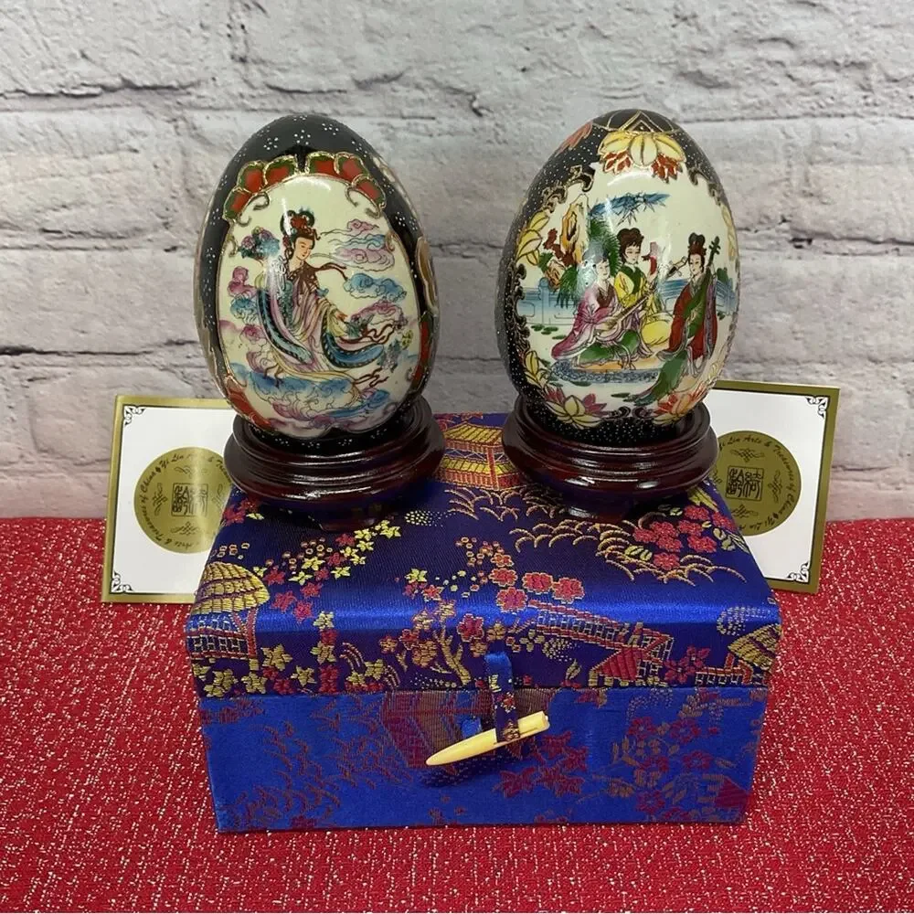 Yi Lin Arts & Treasures Porcelain Hand Painted Eggs Wooden Stands & Silk Box